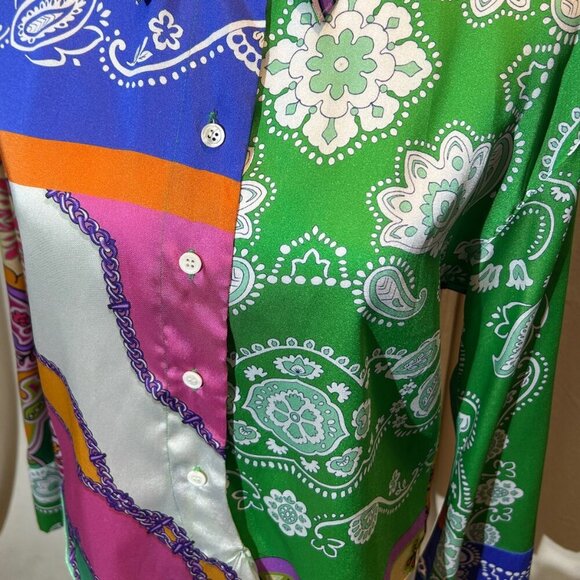 2/30 Zara Satin Paisley Patchwork Blouse Colorful Long Tie Bell Sleeves Large M - Picture 9 of 16